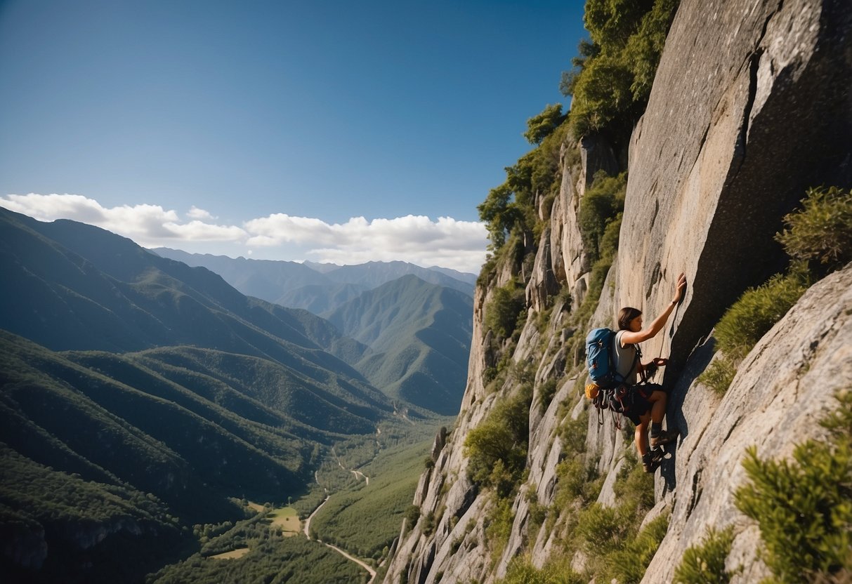 A rugged mountain with a winding trail, surrounded by lush greenery and a clear blue sky. A climber scales the rock face, using minimal equipment