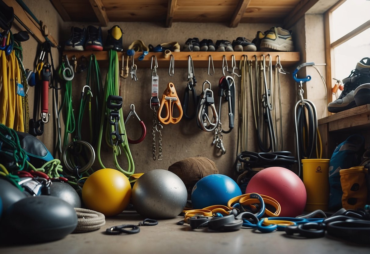 A cluttered garage with various used climbing equipment scattered on the floor. A price tag hangs from a pair of worn climbing shoes, while ropes and carabiners dangle from hooks on the wall