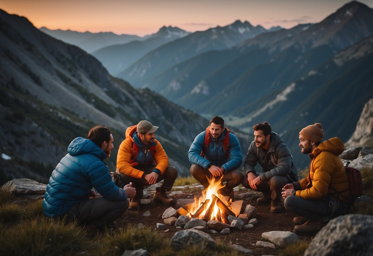 A group of climbers gather around a campfire, discussing tips for budget-friendly climbing. Gear and equipment are strewn about, with a backdrop of a rugged mountain landscape