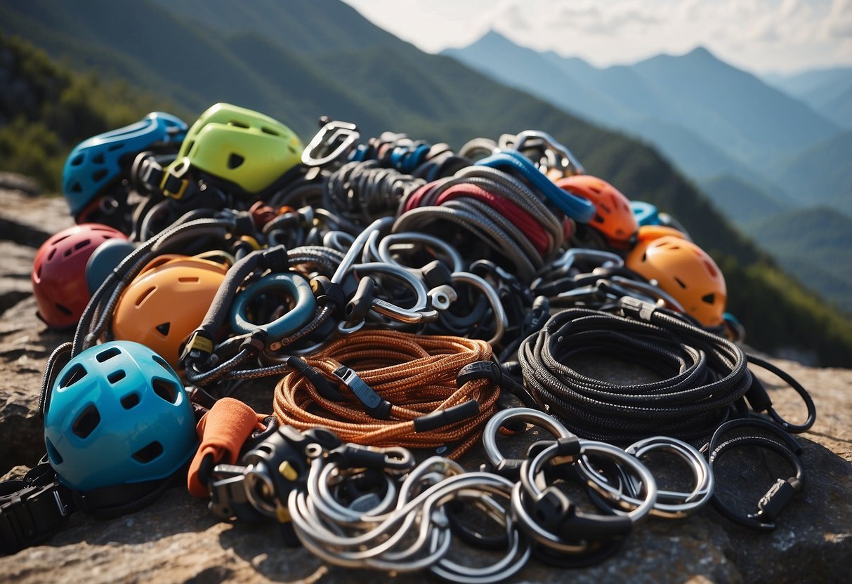 A pile of climbing gear including ropes, carabiners, harnesses, and helmets laid out on a rocky surface with a mountain backdrop. Prices tags are visible on the gear, conveying the concept of understanding climbing gear costs