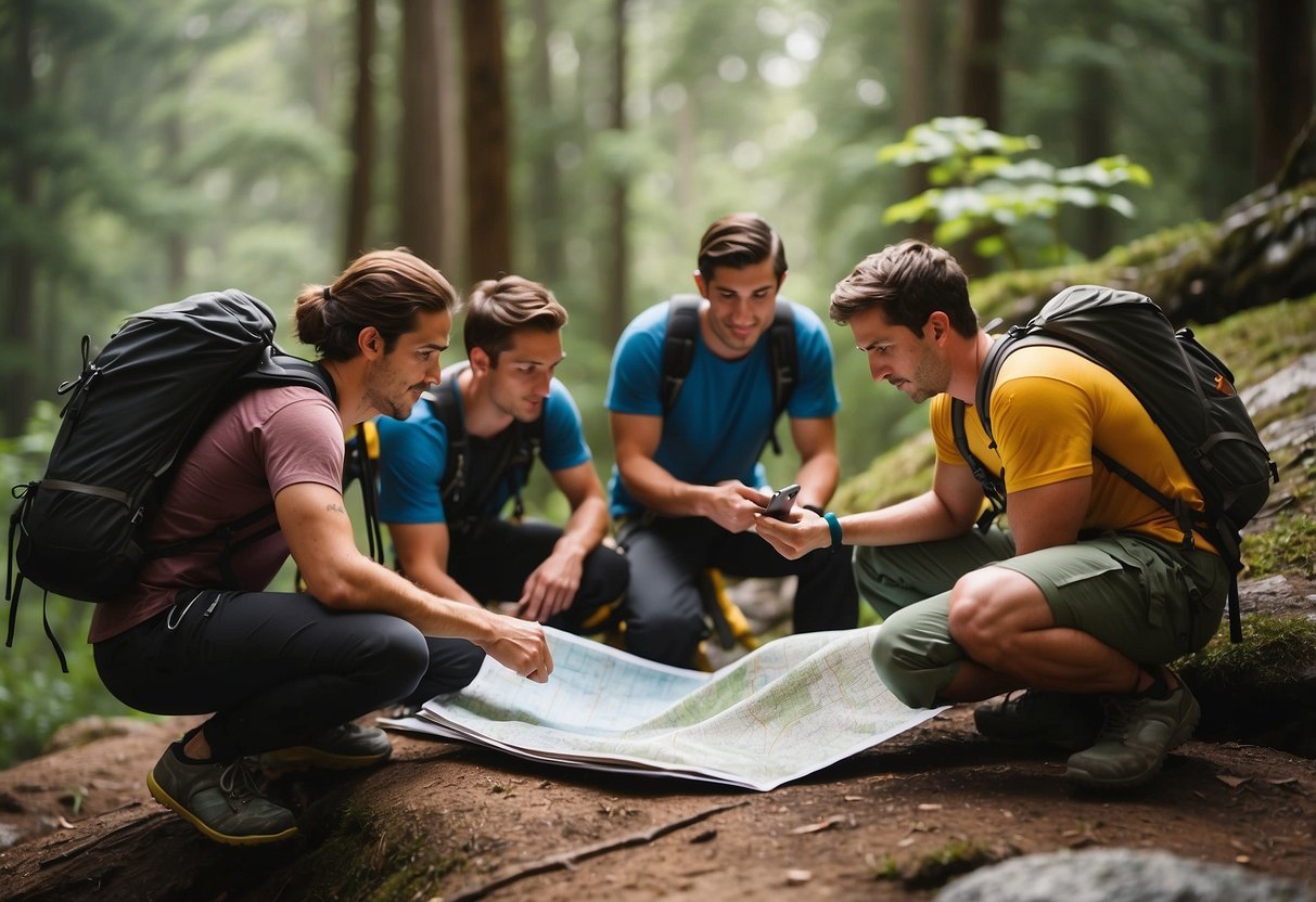 A group of climbers searching for affordable outdoor climbing spots, studying maps and guidebooks, discussing budget-friendly options