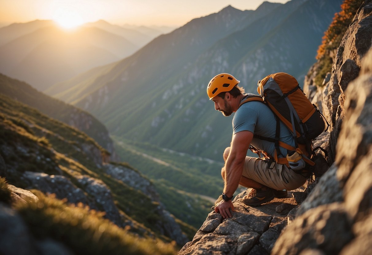 A mountain climber wearing a lightweight vest, scaling a rocky cliff with safety gear. The sun is setting, casting a warm glow on the rugged terrain