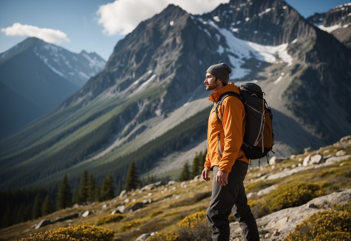 A climber stands at the base of a towering mountain, wearing the Mountain Hardwear Ghost Whisperer Vest. The lightweight vest is sleek and form-fitting, with durable material designed for climbing