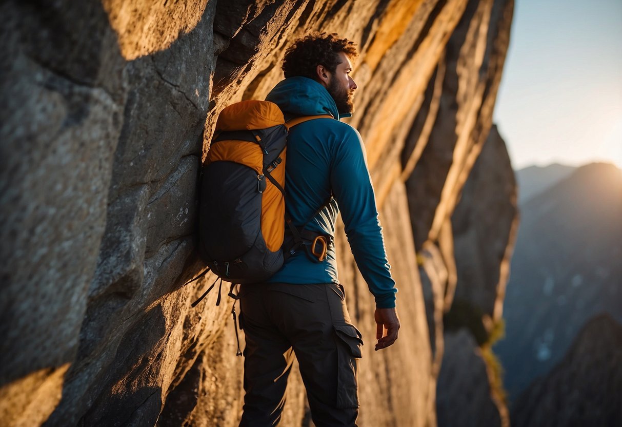 A climber standing at the base of a towering rock face, wearing the Black Diamond First Light Hybrid Vest. The sun is rising, casting a warm glow on the rugged terrain