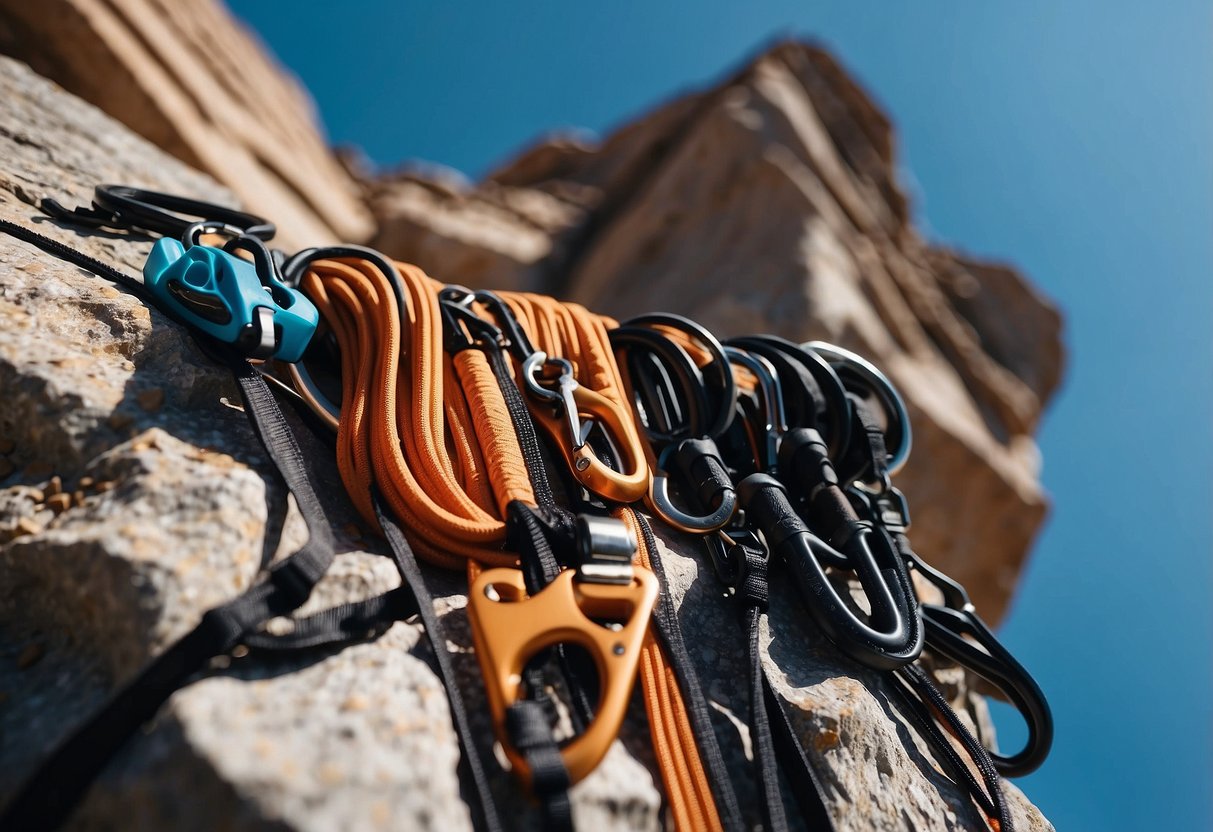 A climber's gear laid out: 5 lightweight vests, carabiners, ropes, and harnesses. A backdrop of rocky cliffs and a clear blue sky