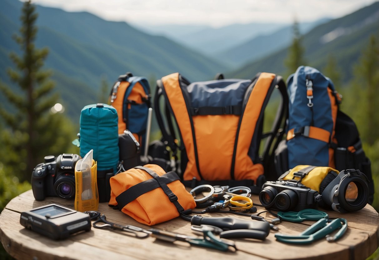 A table with climbing vests, gear, and maintenance tools. A checklist of care tips displayed next to the vests. Outdoor scenery in the background