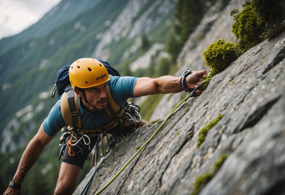 A climber struggling on a rigid route, ignoring alternative holds, and missing footholds. Tension evident in body posture