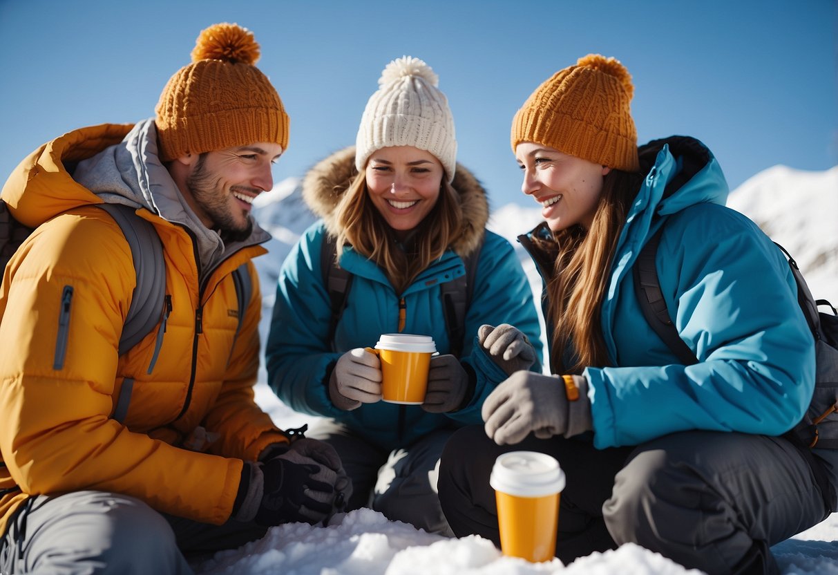 A group of climbers huddle together, wearing insulated jackets and hats, while sipping on hot beverages. They are surrounded by snow-covered mountains and a clear blue sky