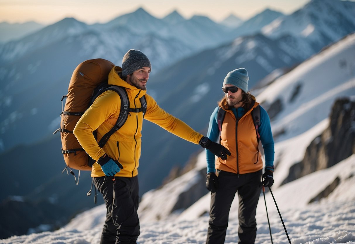 A climber wearing wool base layers, surrounded by snowy mountains, using gloves and a hat