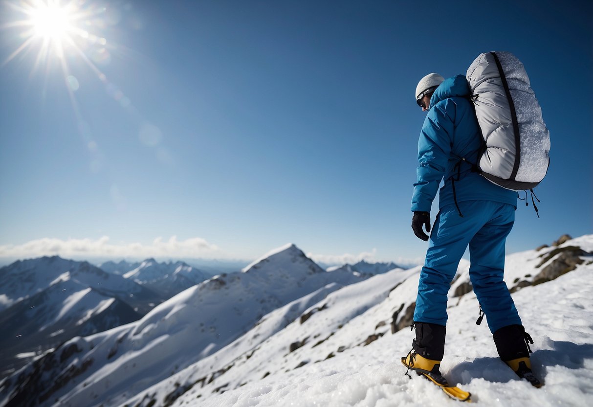 A figure in an insulated jacket, climbing a snowy mountain, with snowflakes falling and a clear blue sky in the background