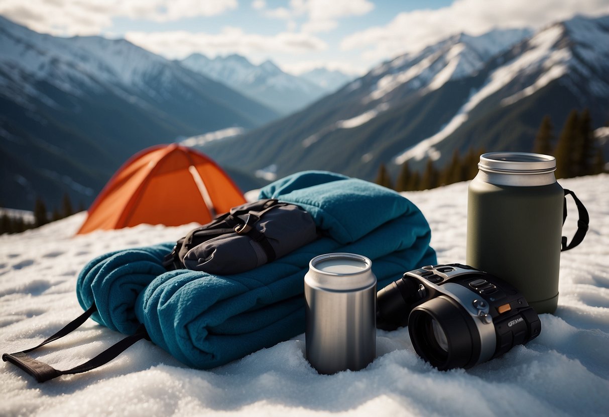 Fleece-lined pants laid out next to climbing gear and a thermos, with snow-covered mountains in the background