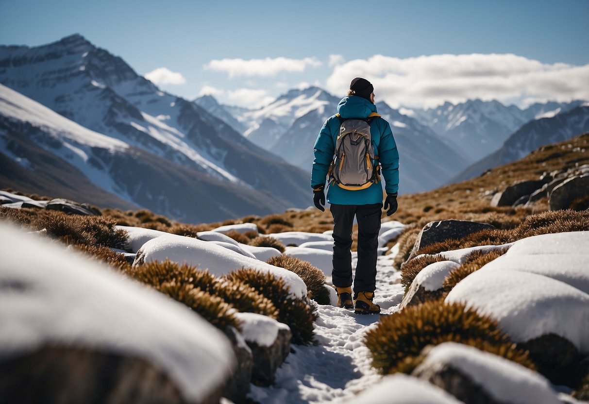 A mountain climber wearing down mittens, surrounded by snow and rocks, with snowy peaks in the background