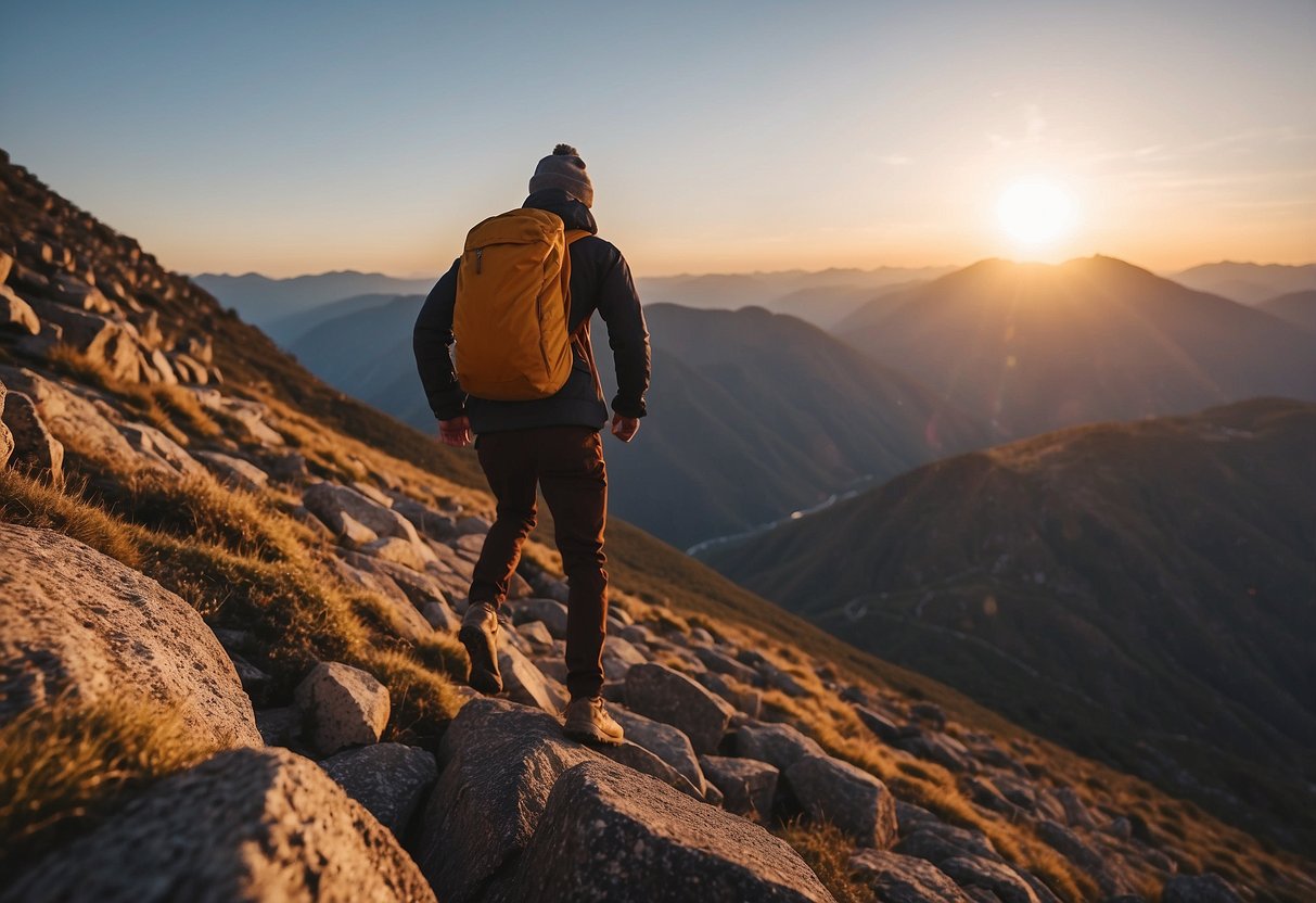 A figure wearing a lightweight beanie, climbing a rocky terrain. The sun is setting, casting a warm glow on the surrounding mountains