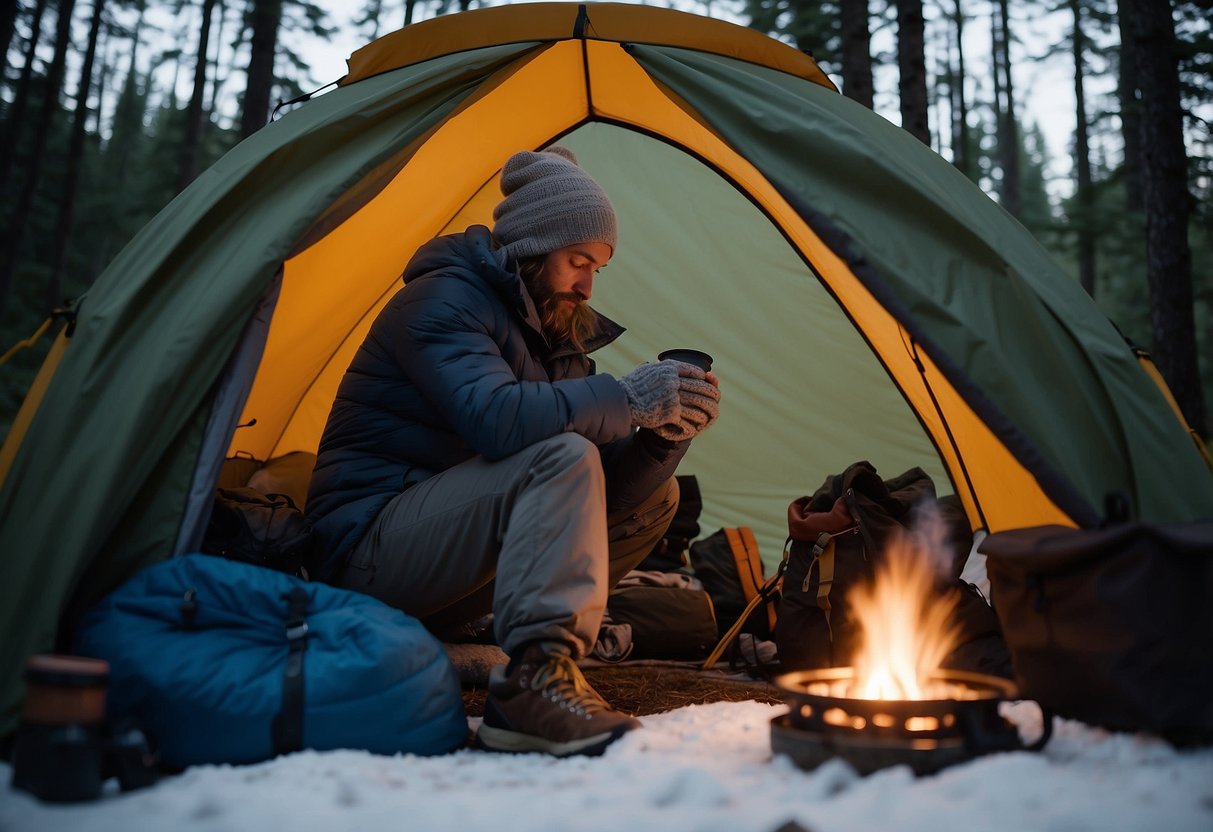 A climber huddles in a cozy sleeping bag inside a tent, surrounded by warm layers and a hot drink, while a crackling campfire provides additional warmth