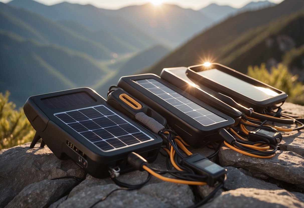 Five solar chargers arranged on a rocky mountain ledge, with climbing gear scattered around. The sun is shining brightly in the background, casting a warm glow on the chargers