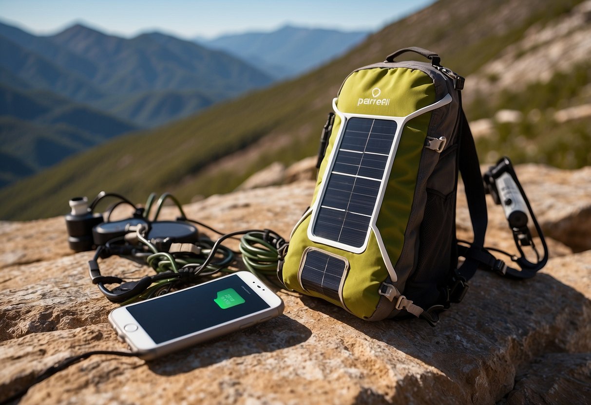 The Goal Zero Nomad 20 solar charger is set up on a rocky mountainside, with climbing gear scattered around. The sun is shining brightly, casting a warm glow on the charger and the surrounding landscape