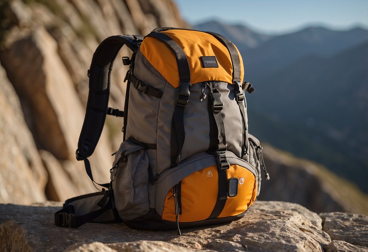 A rugged backpack lies open on a rocky ledge, with a solar charger strapped to the outside. The sun shines down on the charger, as a climber's rope dangles in the background