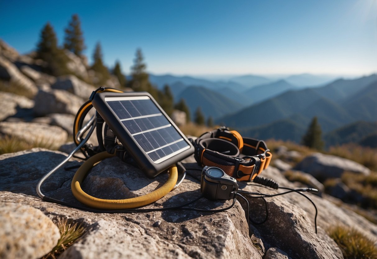 A rocky mountain peak with climbing gear and a solar charger, surrounded by a clear blue sky and bright sunlight