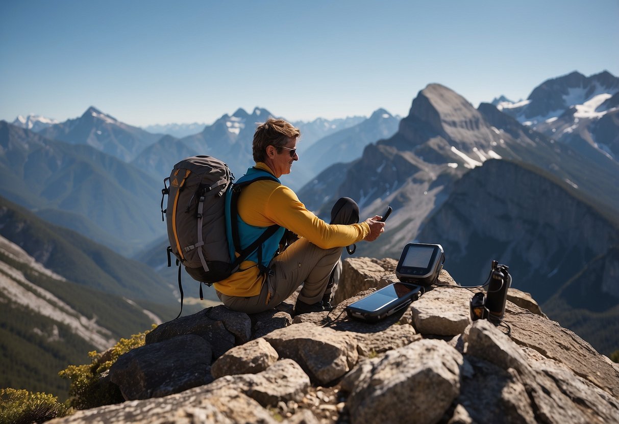 A mountain climber sets up a solar charger on a rocky ledge, surrounded by towering peaks and a clear blue sky. The charger is connected to a backpack, with a phone and GPS device plugged in, soaking up the sun's rays