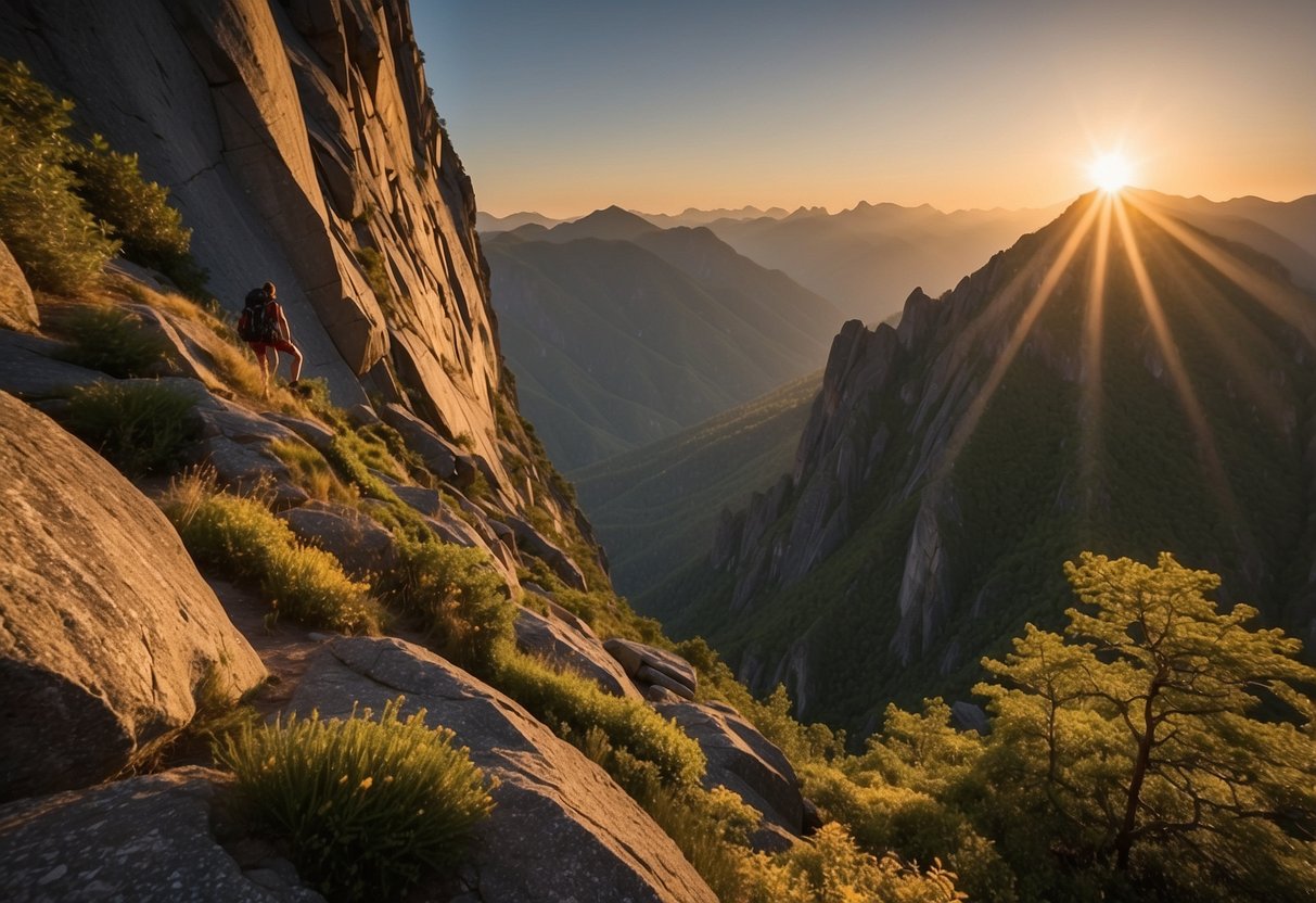 A towering rock face overlooks a lush valley, with a winding trail leading to the base. The sun casts a warm glow on the jagged peaks, inviting climbers to take on the challenge of the 10 most beautiful routes in the U.S