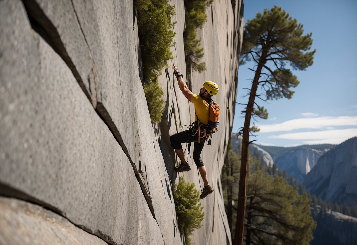 A climber ascends the iconic Rostrum in Yosemite, with majestic granite walls and lush greenery surrounding the stunning climbing route