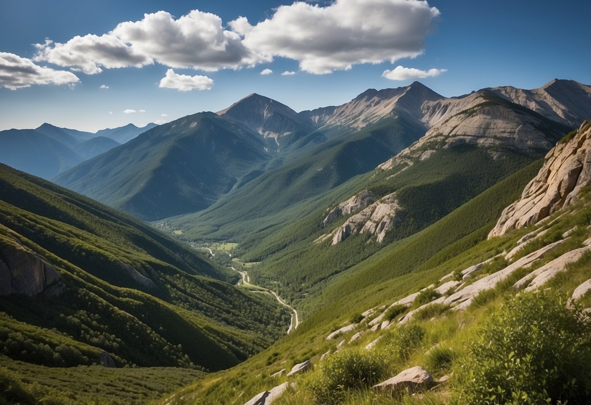 A rugged mountain landscape with clear blue skies and vibrant green vegetation, showcasing the diverse and challenging climbing routes of the U.S