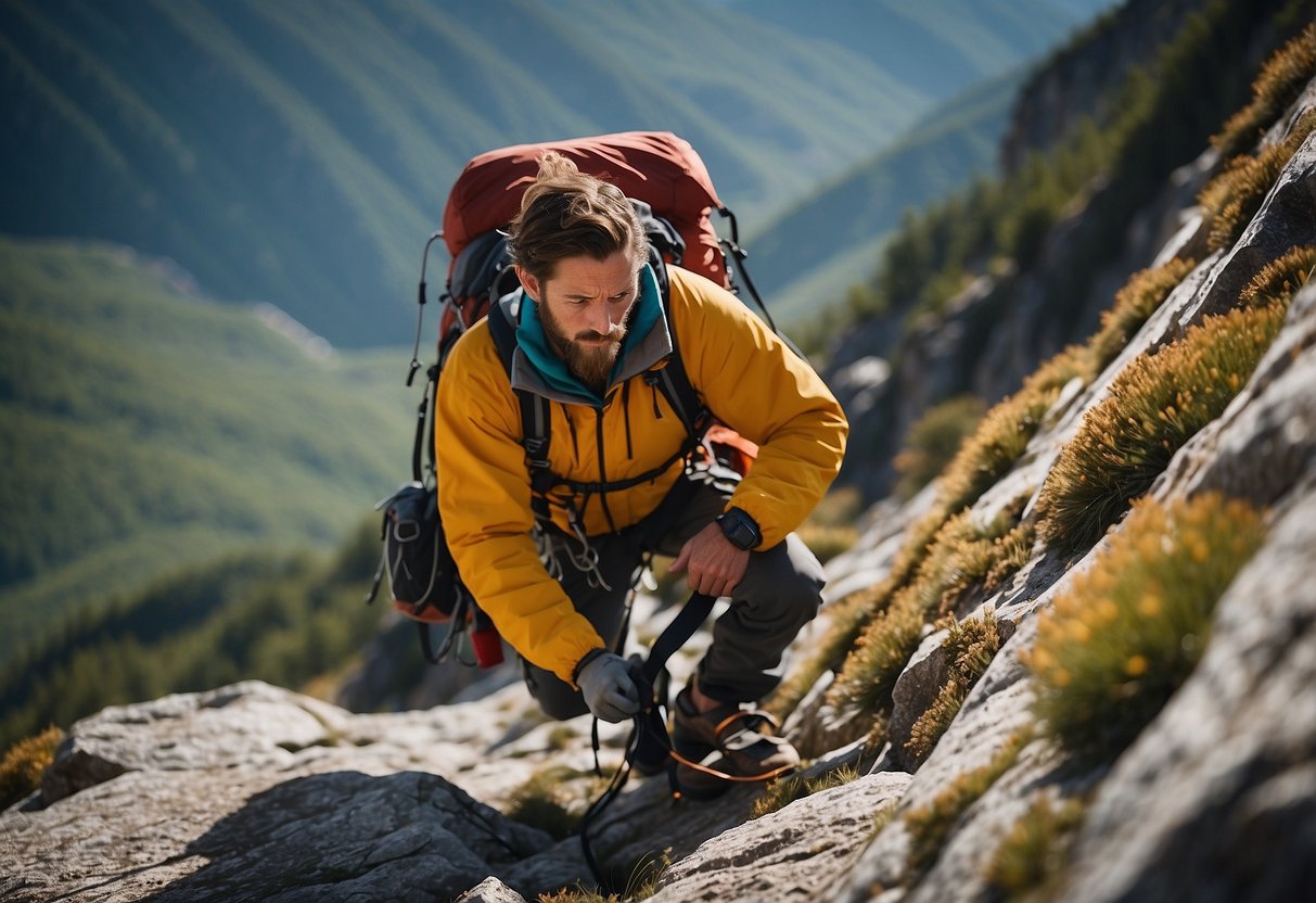 A mountain climber secures their gear and checks the route's safety measures before embarking on a breathtaking ascent