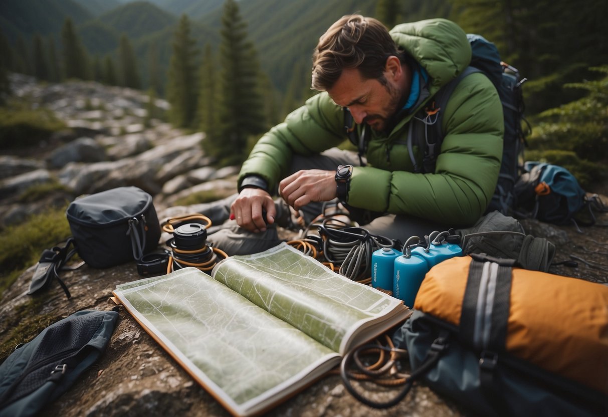 A mountain climber packs gear, checks ropes, studies map, hydrates, eats, rests, and mentally prepares for a long-distance climb