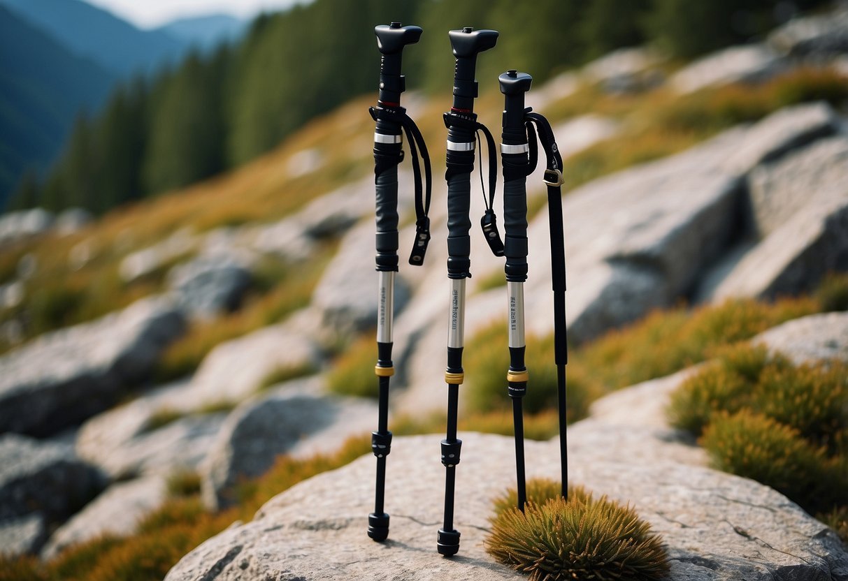 Hiking poles planted in rocky terrain, supporting climber's weight