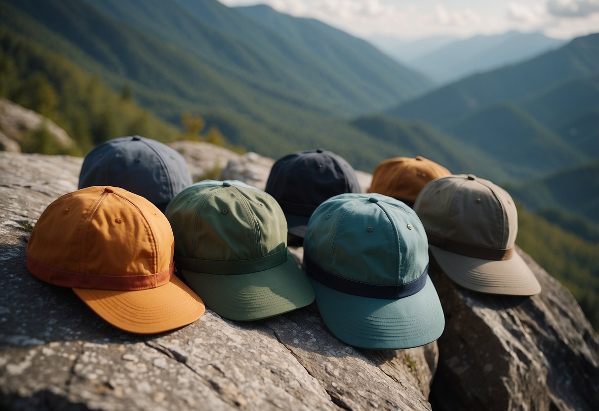 A group of five lightweight climbing hats arranged on a rocky ledge with a scenic mountain backdrop