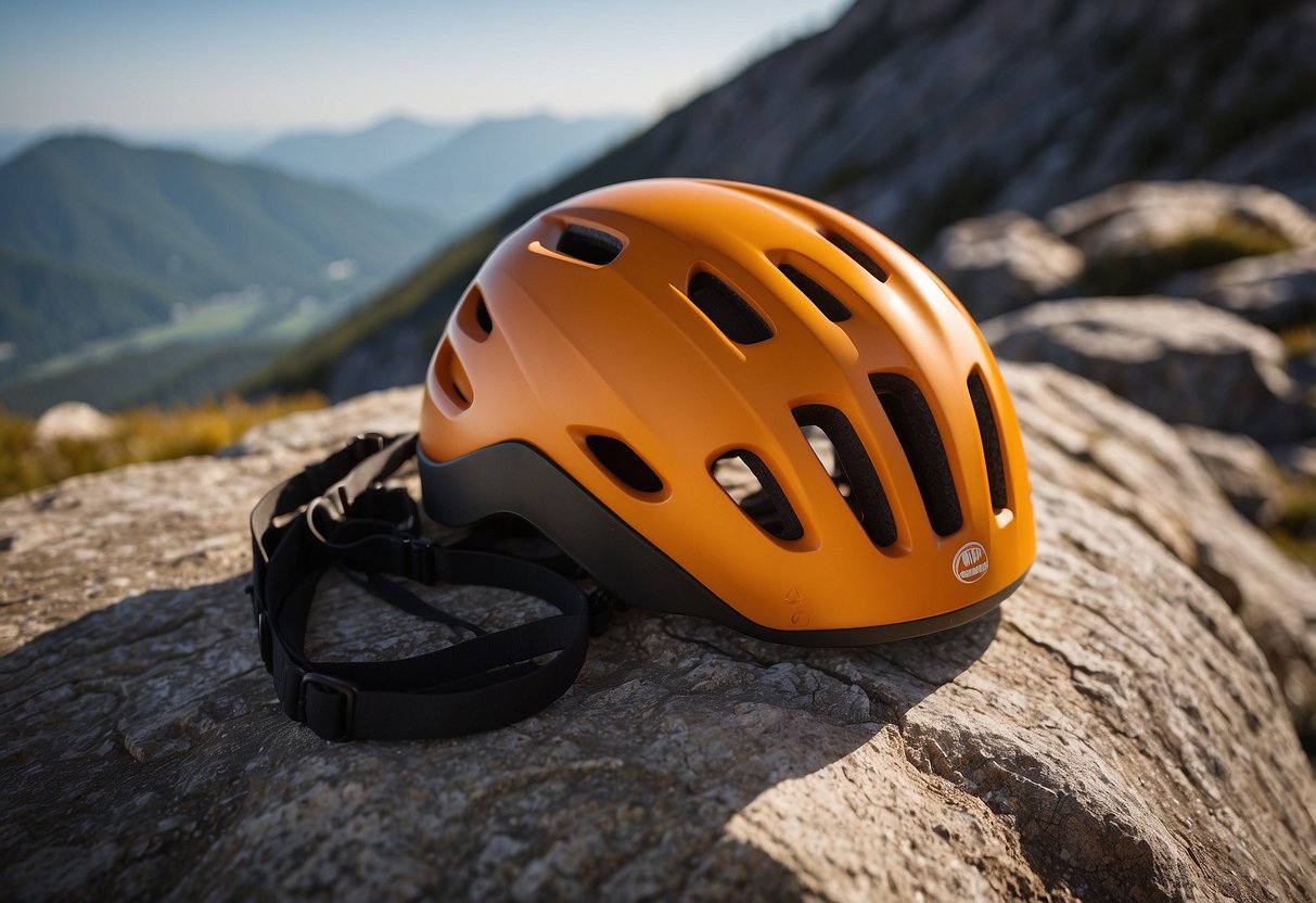 A Mammut Wall Rider MIPS helmet sits atop a rocky ledge, surrounded by lightweight climbing hats. The sun casts a warm glow on the gear, highlighting their durable and protective features