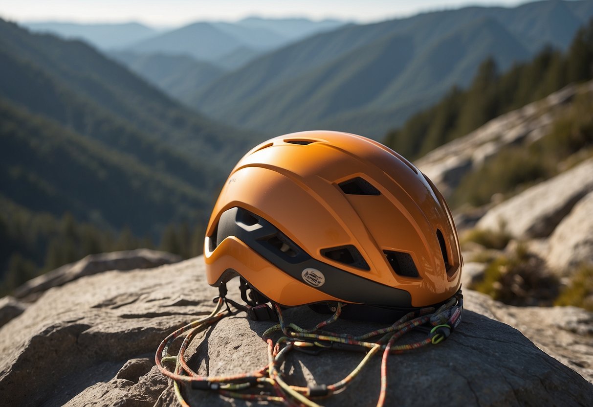 A bright, lightweight climbing helmet sits on a rocky ledge, surrounded by carabiners and climbing ropes. The sun shines down, casting shadows on the rugged terrain