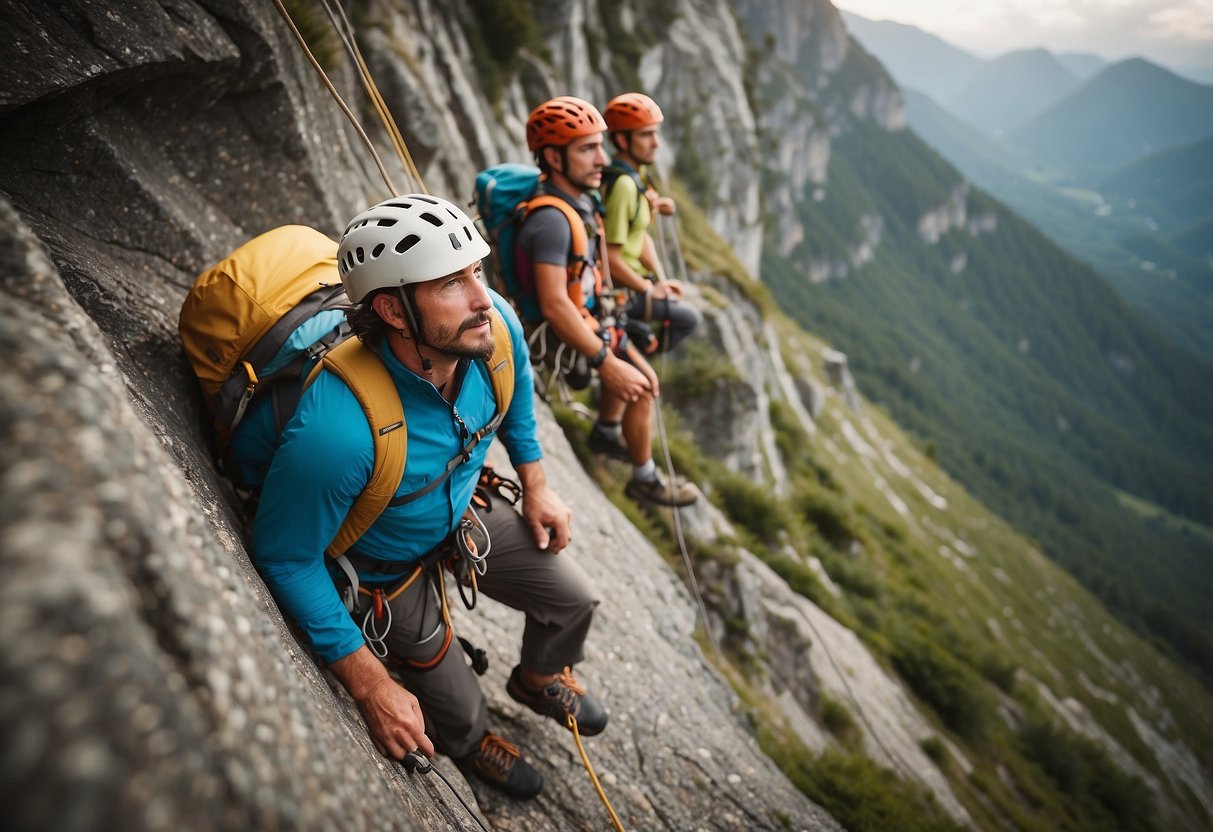 A group of climbers wearing lightweight hats, scaling a steep rock face with ease. The hats provide protection from the sun and offer breathability for comfort during the climb