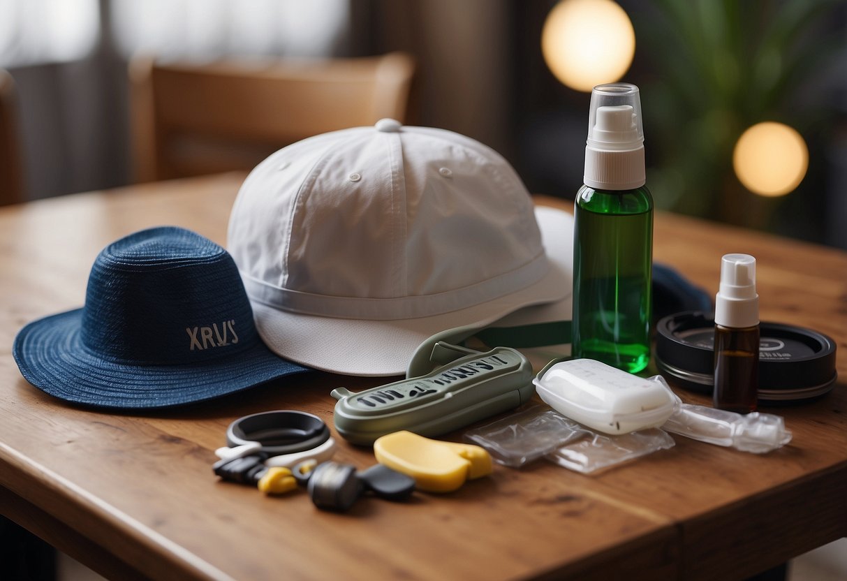 A table with climbing hats, a brush, and a small bottle of waterproofing spray. A hand-written sign with "Care and Maintenance Tips" displayed prominently