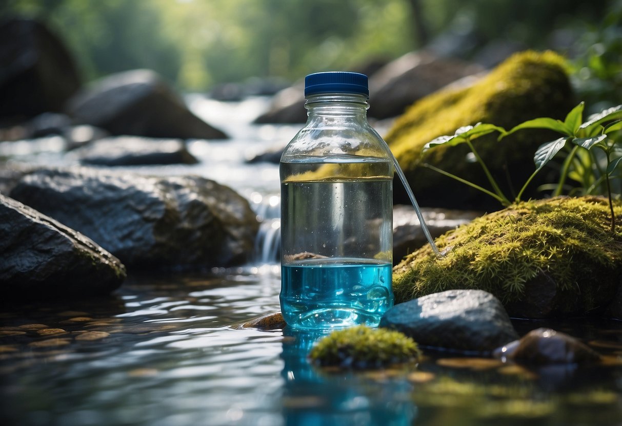 Water bottles being filled from a mountain stream. A UV purifier and chemical tablets nearby. Rocks and plants in the background