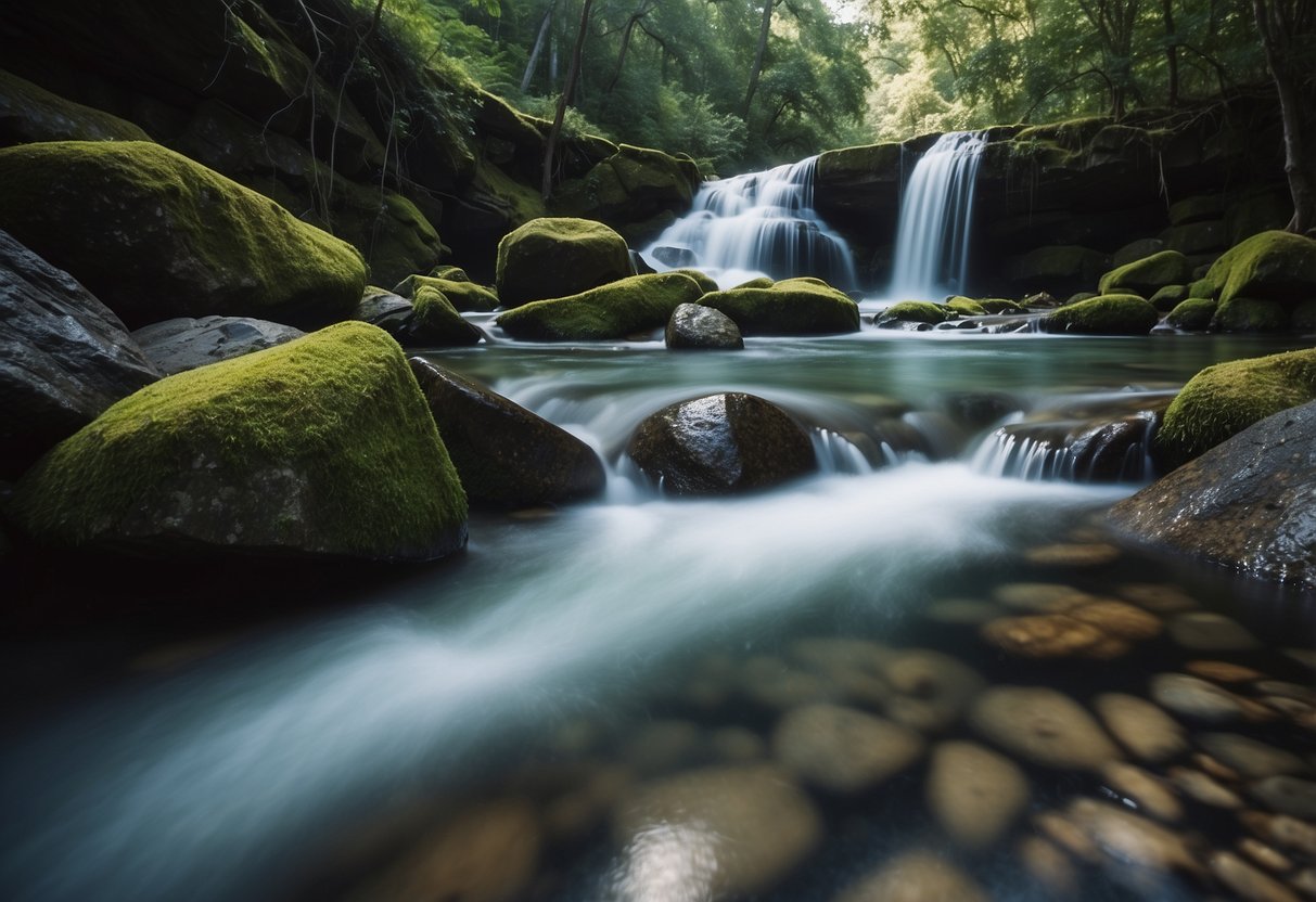 Crystal clear stream flowing through rugged wilderness, surrounded by lush greenery and rocky terrain. A small waterfall cascades into a pool of pristine water