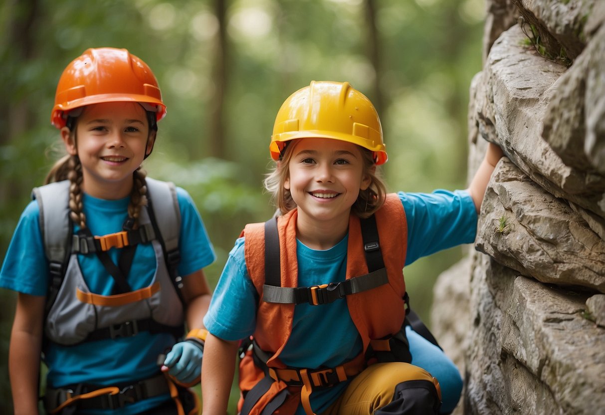 Children climbing a rock wall with safety gear, supervised by an adult. Smiling faces, colorful holds, and a supportive atmosphere