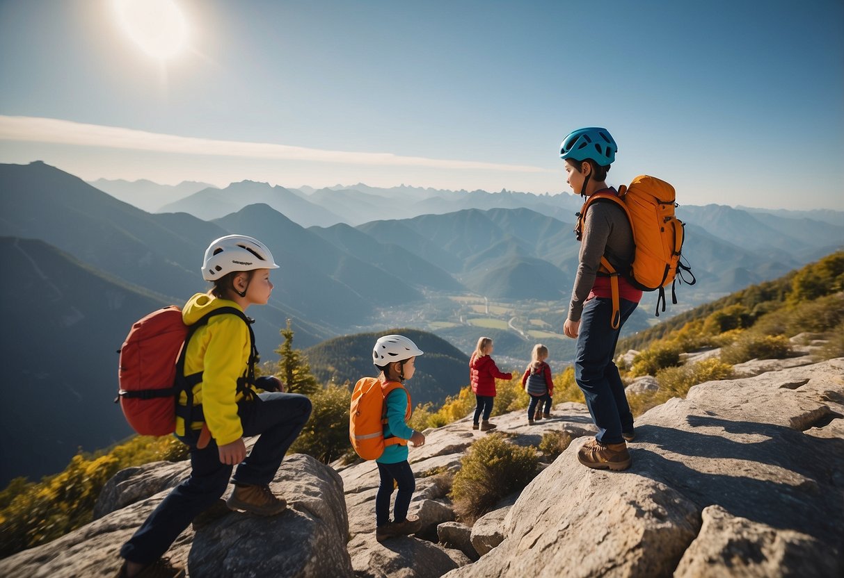 Clear sky, sunny day. Mountains in the background. Children climbing with adult supervision. Safety gear visible