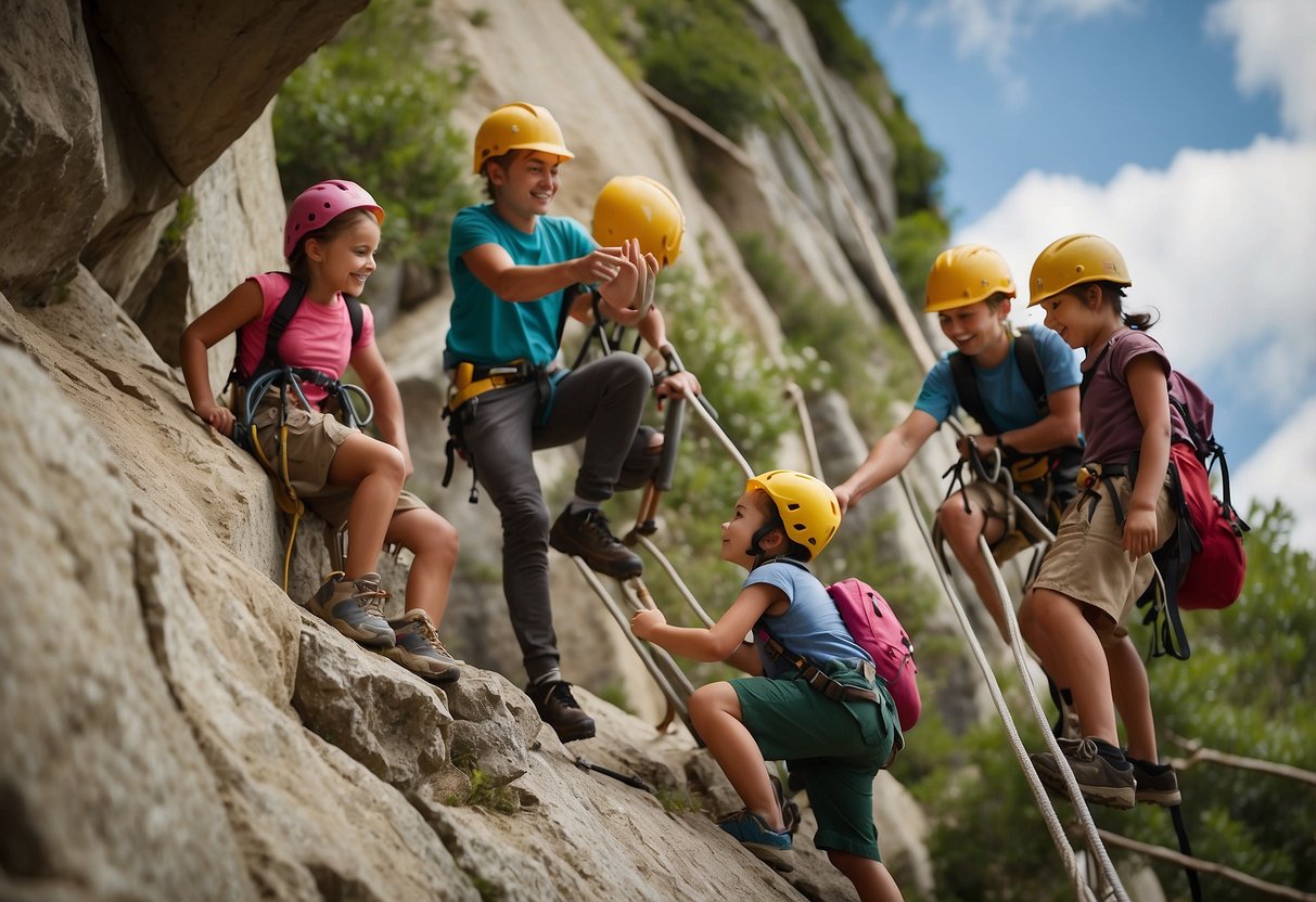 A group of children and adults communicate and work together while climbing, following safety tips and enjoying the experience