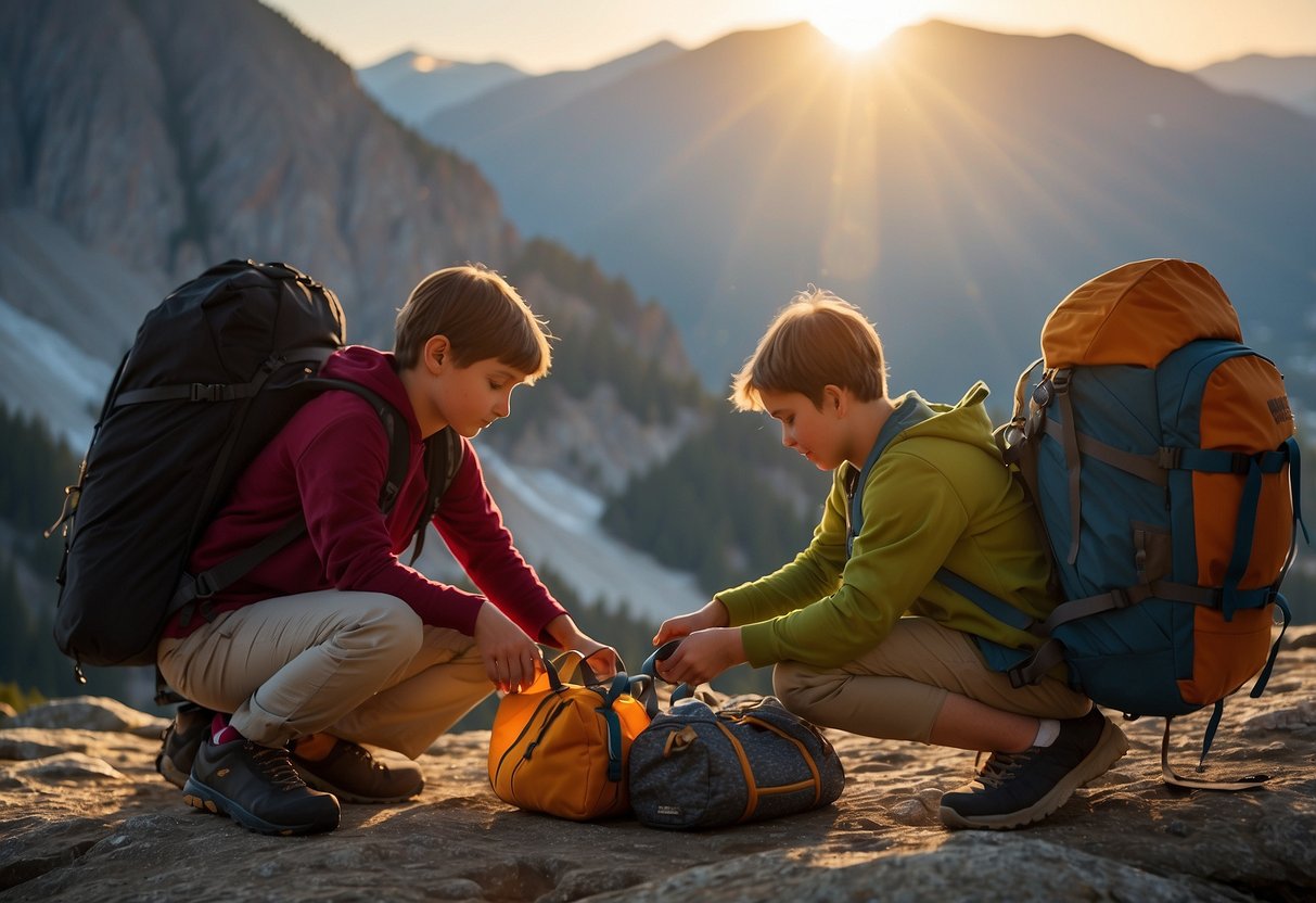 A family gathers gear at the base of a rocky mountain. Children eagerly pack backpacks as parents check ropes and harnesses. The sun rises behind them, casting a warm glow on the scene