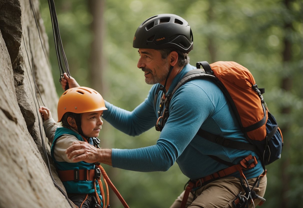 A parent belaying a child, both wearing helmets and harnesses, while climbing a rock wall. The parent is giving verbal instructions and encouragement to the child