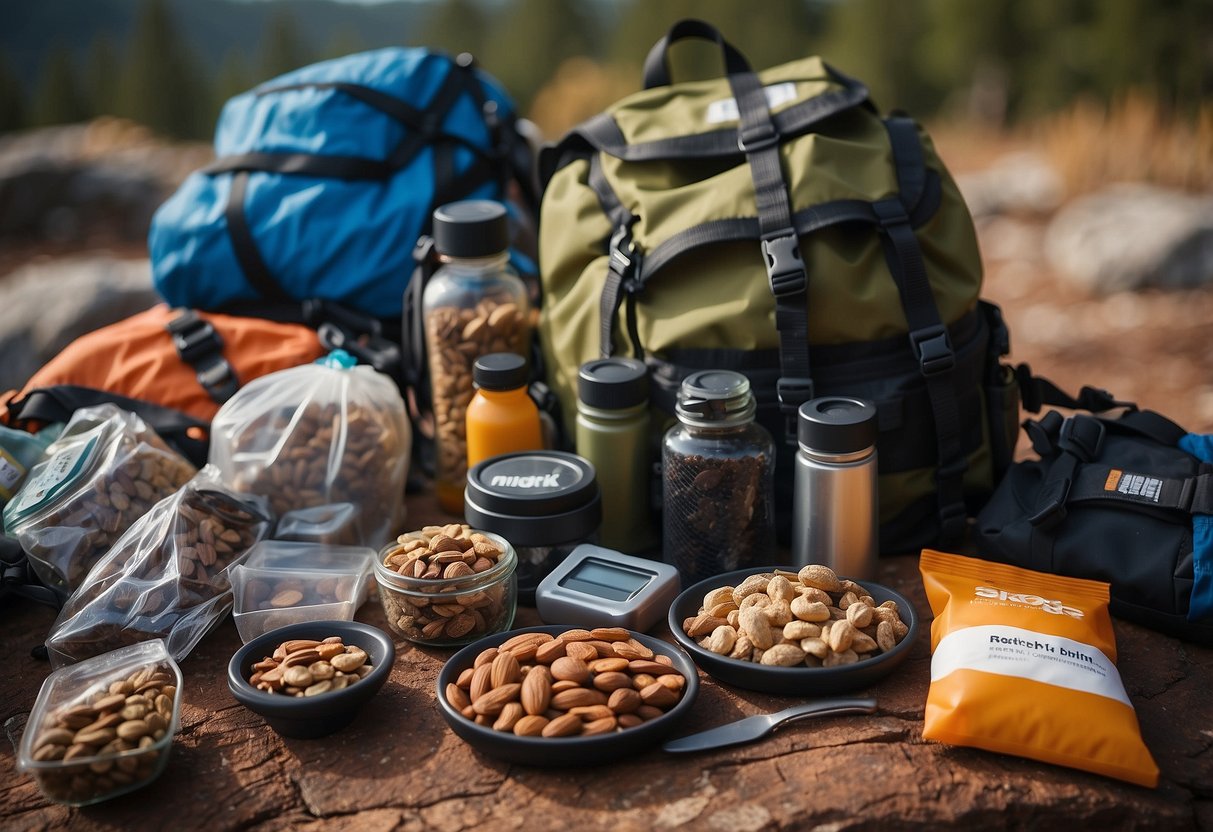 A backpack with lightweight food items like nuts, dried fruits, energy bars, and dehydrated meals, laid out next to climbing gear