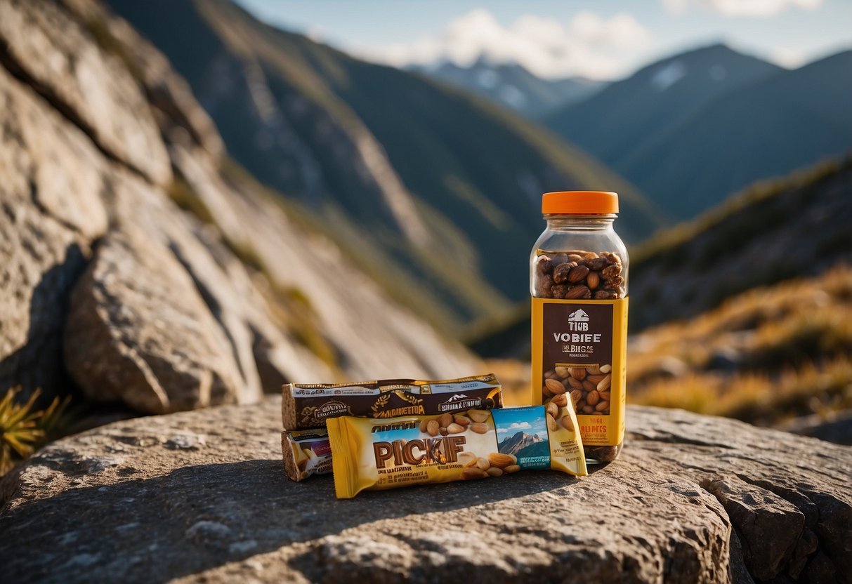 A rocky mountain ledge with climbing gear scattered around. A Clif Bar Energy Bar sits next to a water bottle, nuts, and dried fruit