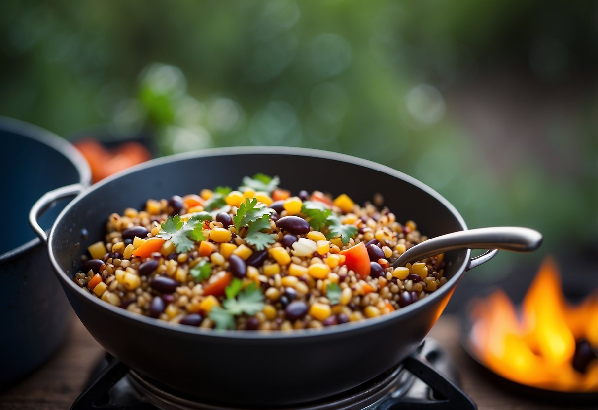 A colorful bowl filled with Mexican quinoa, beans, and vegetables, sitting on a lightweight camping stove next to climbing gear