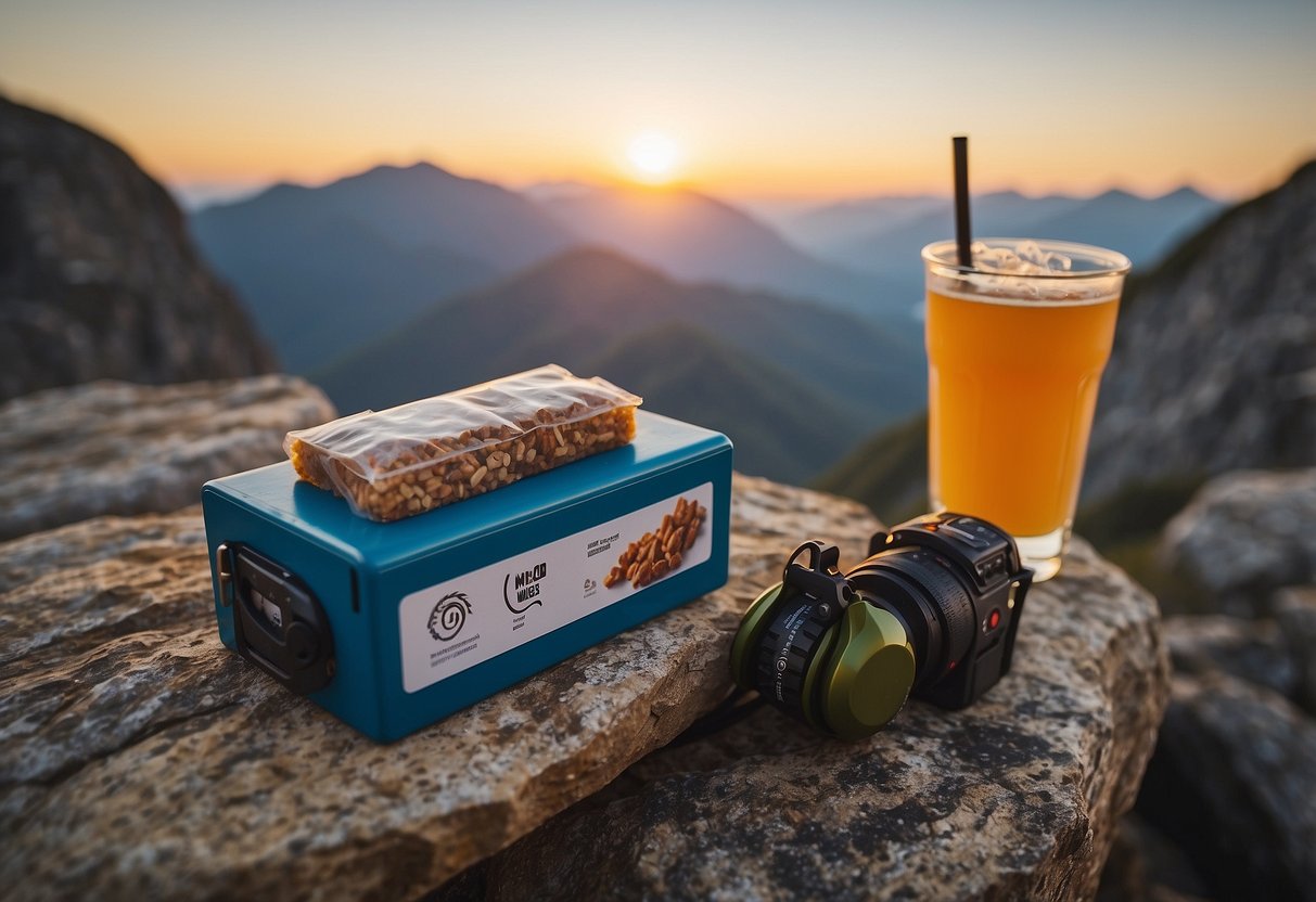 A PROBAR Meal Bar sits atop a rocky ledge, surrounded by climbing gear and a breathtaking mountain vista