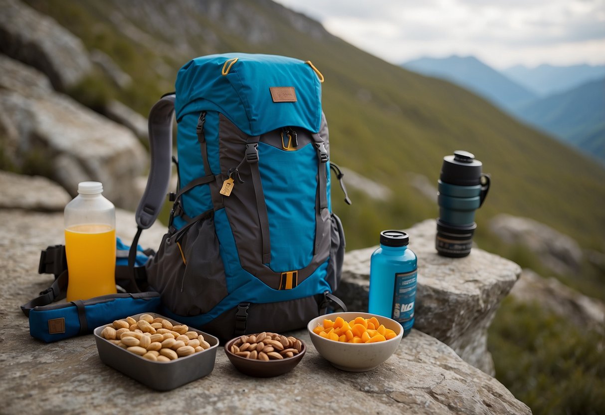 A backpack sits open on a rocky ledge, filled with lightweight food options for climbers: nuts, dried fruit, energy bars, and dehydrated meals. A water bottle and climbing gear are nearby