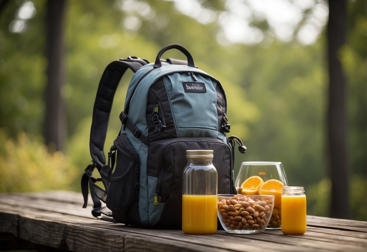 A backpack with lightweight food items like energy bars, dehydrated meals, nuts, and dried fruits. A water bottle and compact cooking equipment are also included