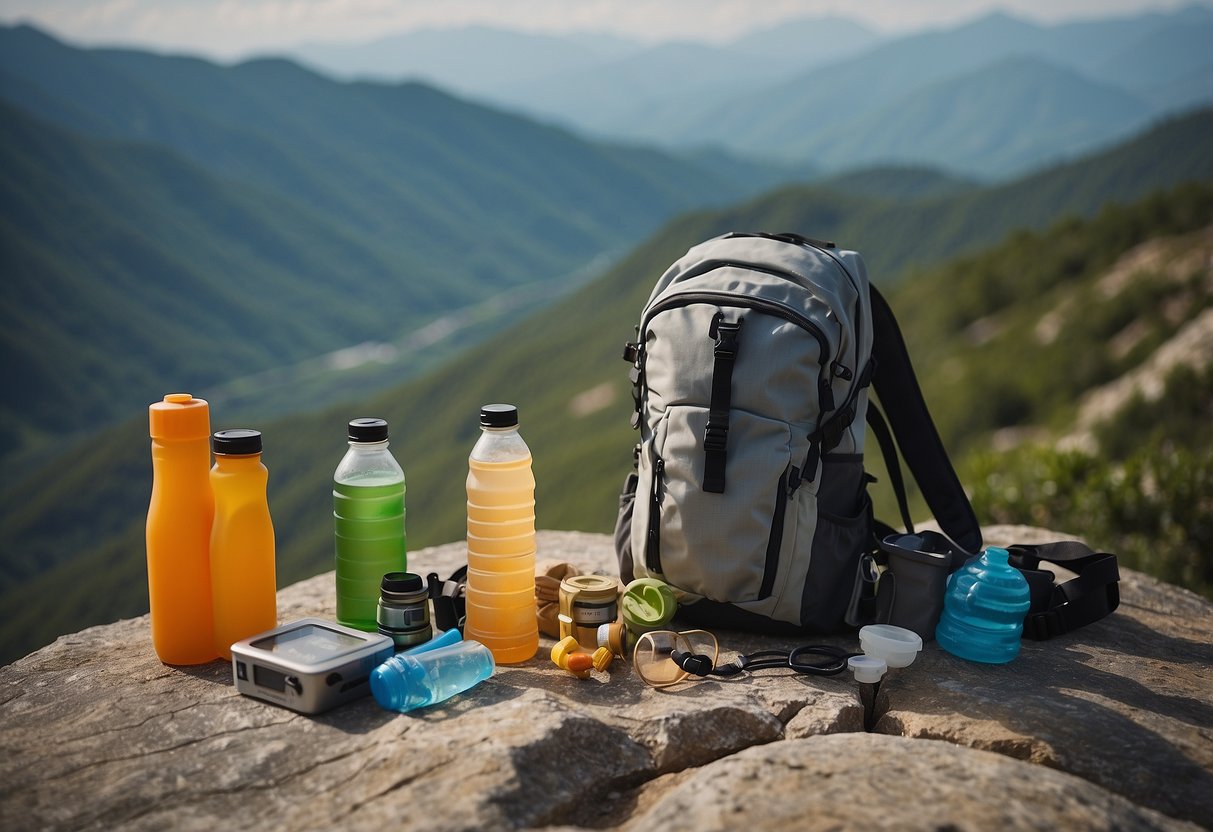 A backpack with lightweight food items, water bottles, and hydration packs laid out on a rock ledge overlooking a mountainous landscape