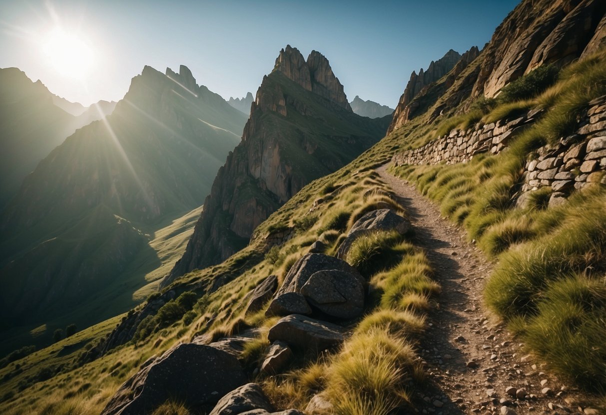 Rock walls tower over lush landscapes, jagged peaks in the distance. Sunlight casts dramatic shadows on the challenging routes