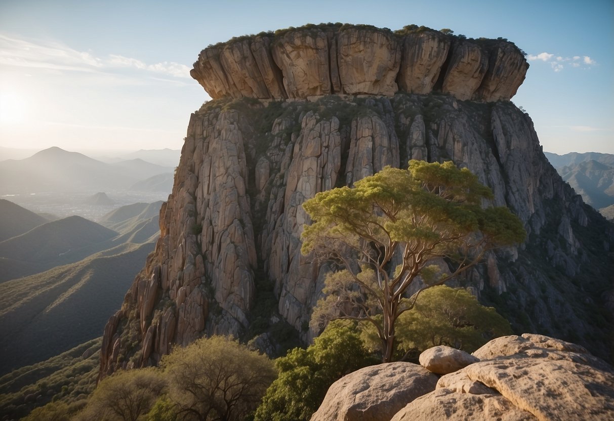 Rock formations tower over the scenic landscape of El Gigante, Mexico, offering 10 challenging rock climbing routes in South America